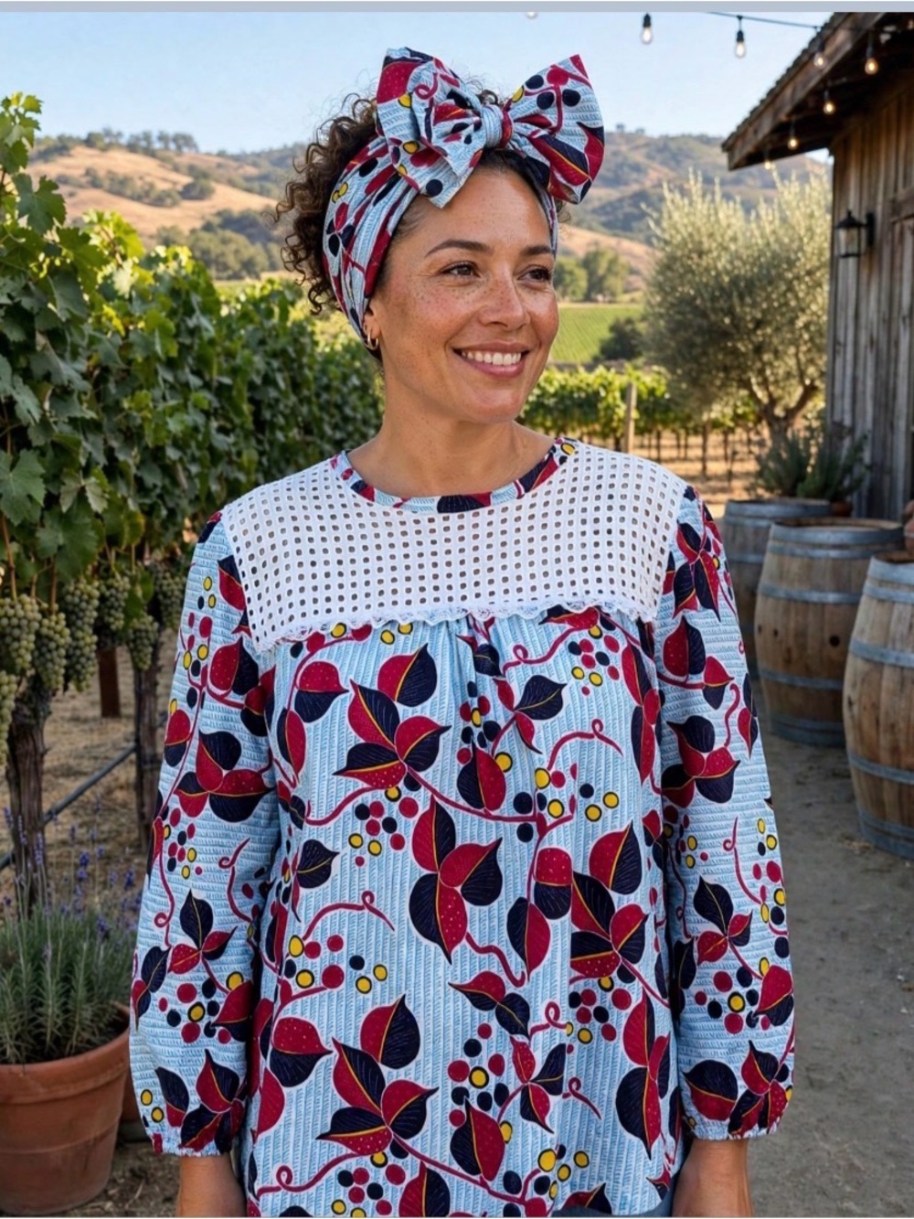 Floral Lace Boho Cotton Blouse with matching head scarf, 2X